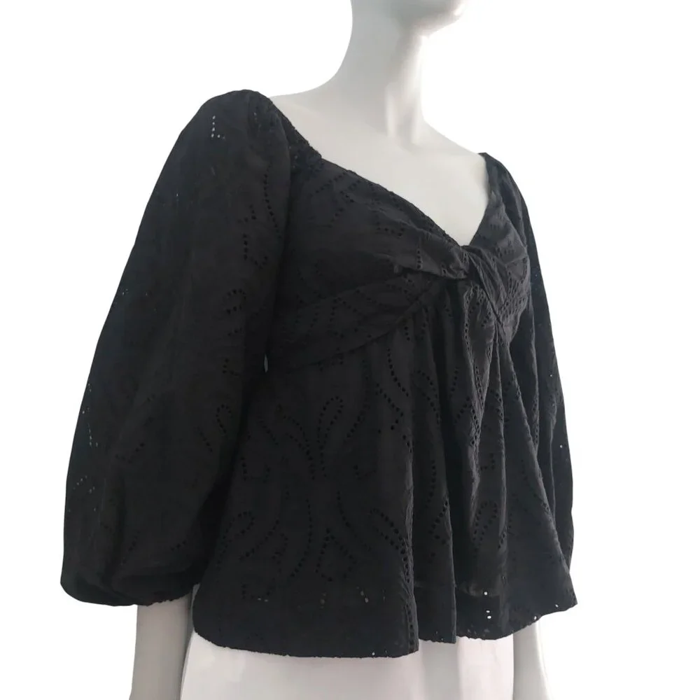BANANA REPUBLIC Black Top S Sweetheart Neck 3/4 Sleeve Cotton Flirty EUC - Picture 4 of 13